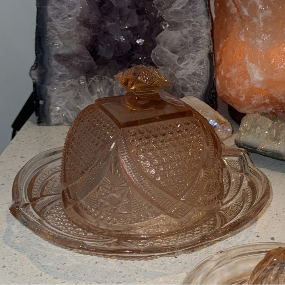 Pink dish depression glass EAPG Pink Glass Covered Butter Dish Massachusetts VTG